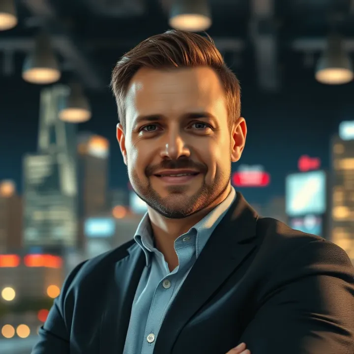 Portrait of Aaron Krause with a backdrop of his business achievements and innovations