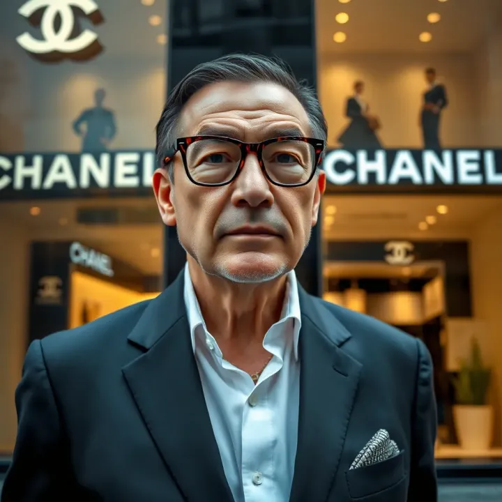 Alain Wertheimer at Chanel Boutiques Alain Wertheimer standing confidently in front of Chanel boutiques showcasing luxury fashion