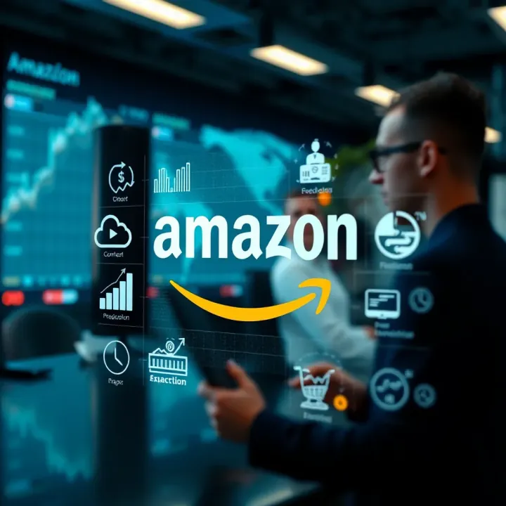 Illustration depicting market influences impacting Amazon's stock with icons representing economic factors and analyst insights