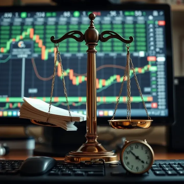 Illustration of a balanced scale with legal documents and a computer symbolizing regulatory compliance in trading