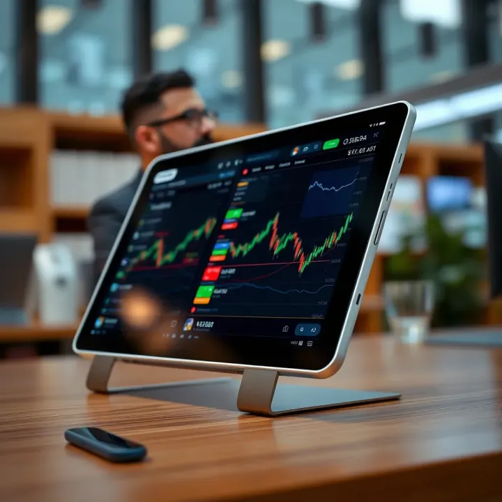 Close-up of a high-performance tablet with a sleek design used for financial trading apps