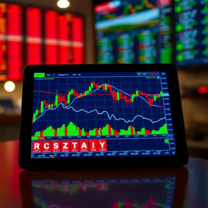 A tablet displaying a stock trading platform with real-time market graphs and data
