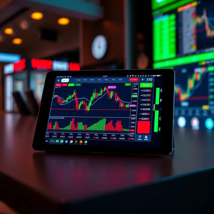 Tablet displaying stock market charts and trading interface with sharp visuals