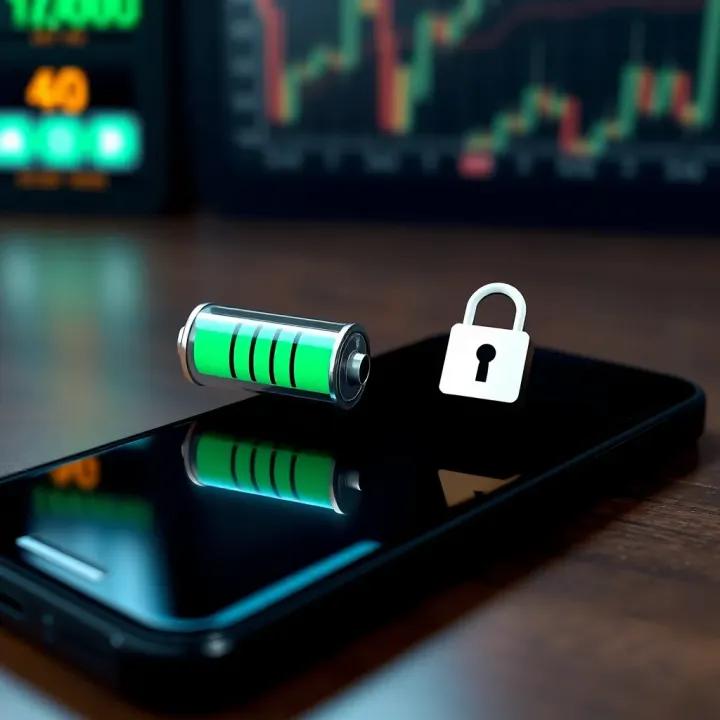 Mobile Device Emphasizing Battery Longevity and Security Features Smartphone with battery icon and secure lock symbol representing long battery life and enhanced security for trading