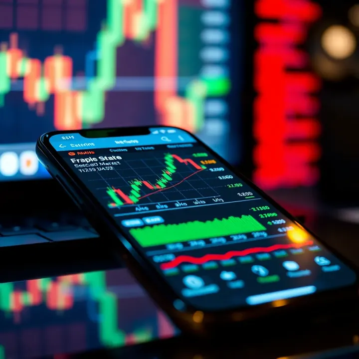 Close-up view of a modern smartphone displaying a stock trading app with charts and market data