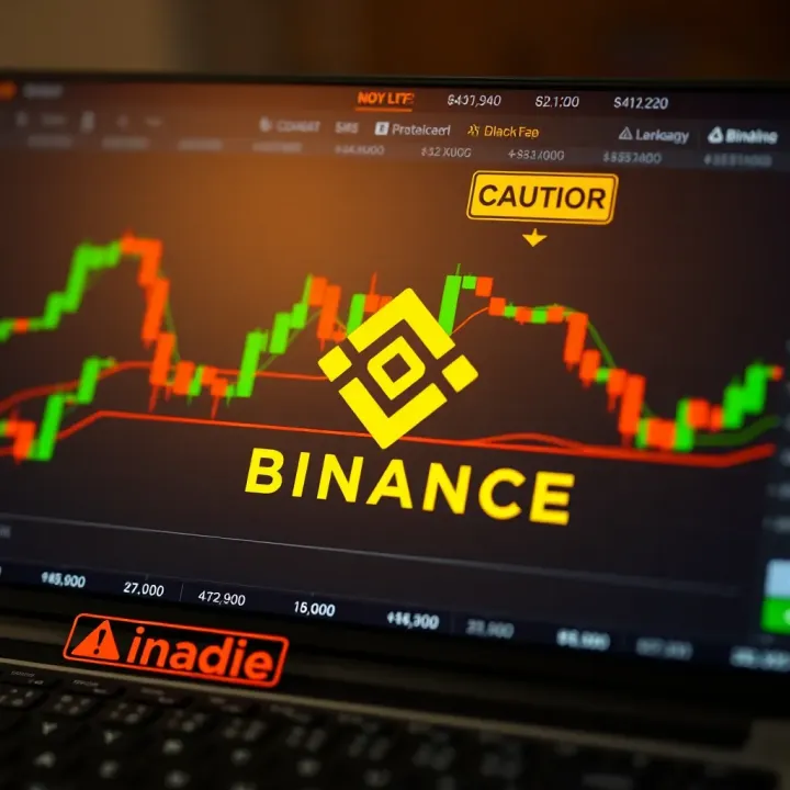 Digital trading platform displaying Binance logo with charts and legal caution symbols