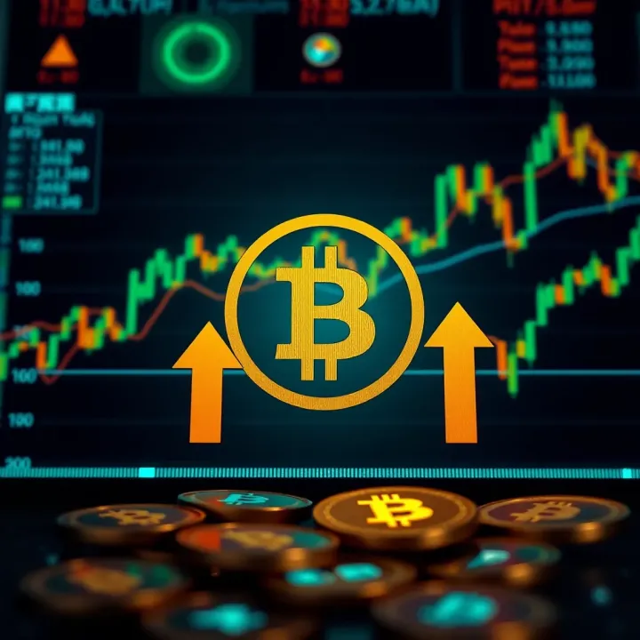 Illustration of digital currency symbols with upward and downward arrows