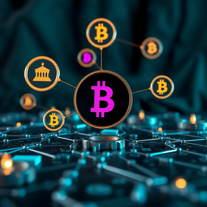 Conceptual representation of blockchain technology supporting decentralized content distribution with BitTorrent Coin icons and digital data flows