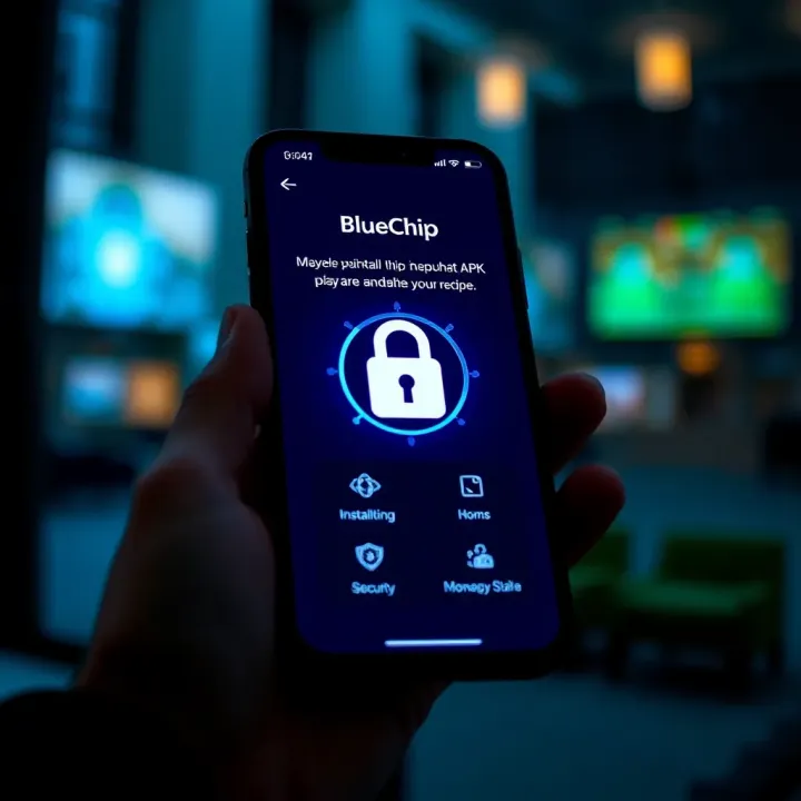Secure smartphone screen with Bluechip APK installation and security icons