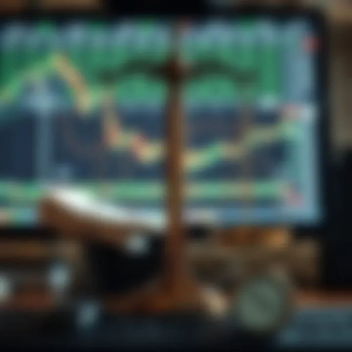 Illustration of a balanced scale with legal documents and a computer symbolizing regulatory compliance in trading