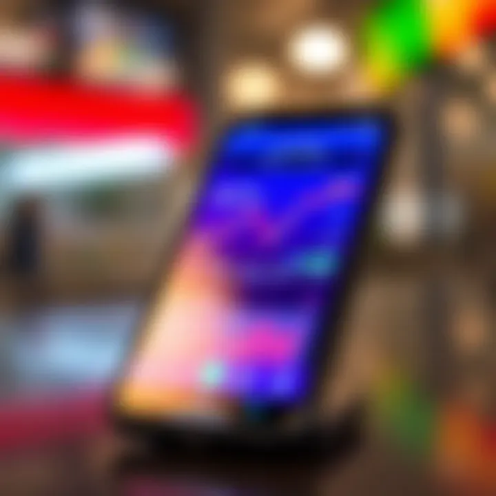 Close-up view of a sleek mobile phone with a vibrant stock market trading app interface on the screen
