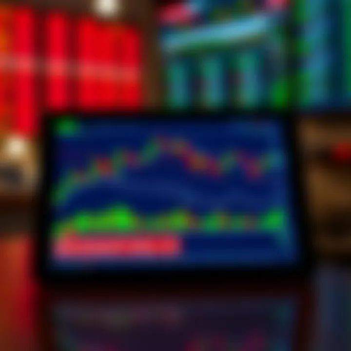 A tablet displaying a stock trading platform with real-time market graphs and data