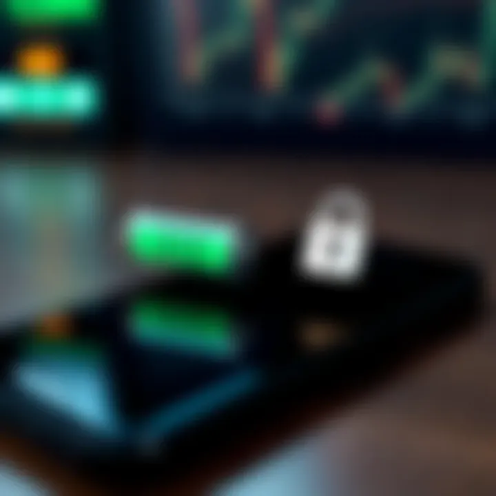 Mobile Device Emphasizing Battery Longevity and Security Features Smartphone with battery icon and secure lock symbol representing long battery life and enhanced security for trading