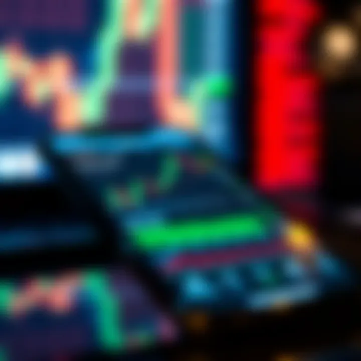 Close-up view of a modern smartphone displaying a stock trading app with charts and market data