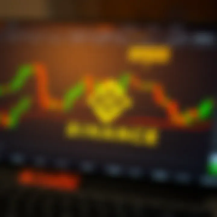 Digital trading platform displaying Binance logo with charts and legal caution symbols
