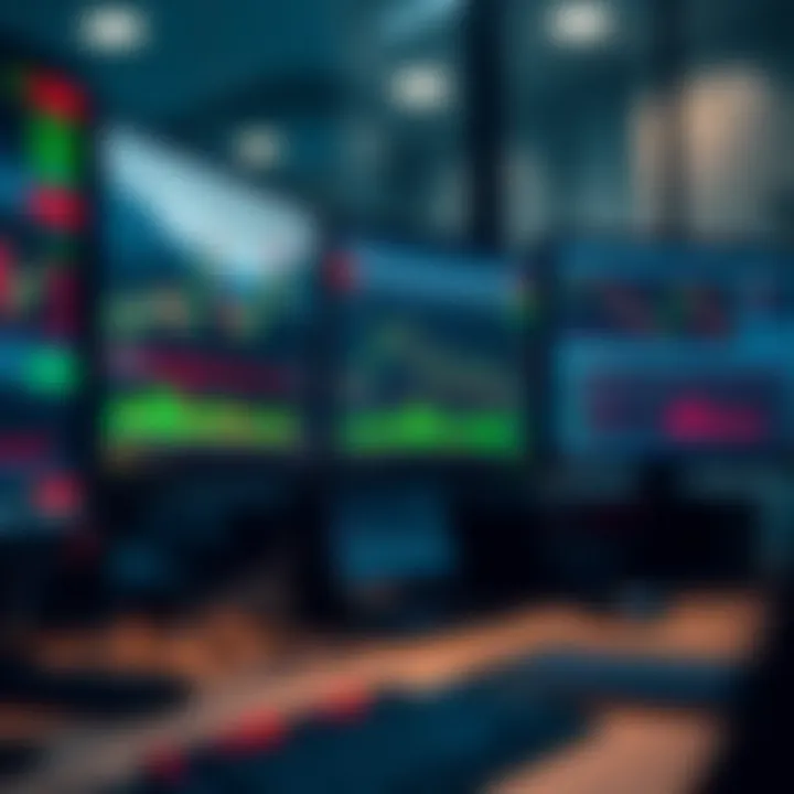 Close-up of a high-performance desktop computer setup with multiple monitors displaying stock charts and trading software