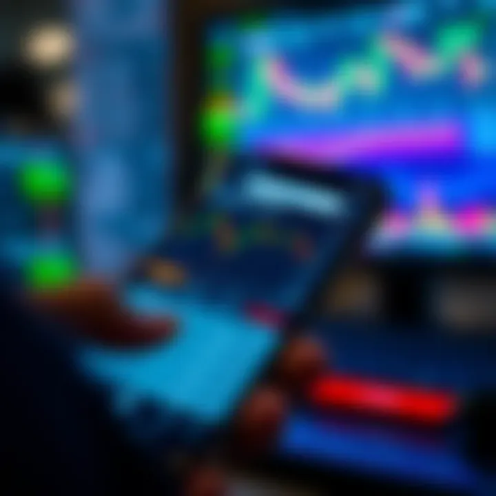 Close-up view of a sleek smartphone displaying a stock trading app with charts and market data