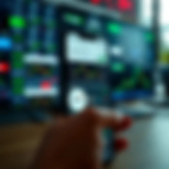 Mobile phone displaying multiple trading app interfaces with stock charts and demo account features