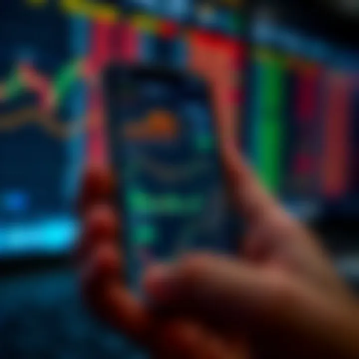 Illustration of a smartphone displaying various stock market charts and financial data for trading