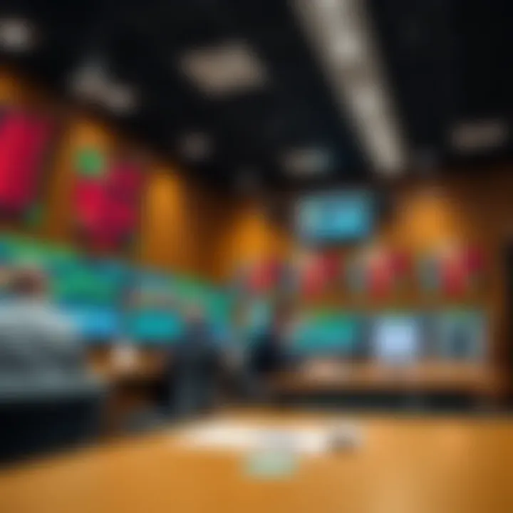 Forex academy classroom setting with charts and currency symbols on digital screens