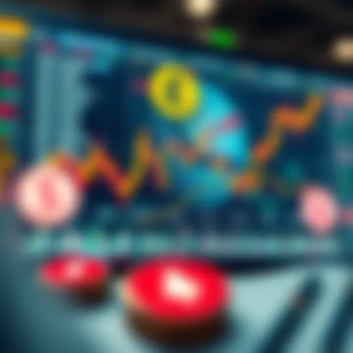 Graphical illustration of currency pairs with arrows indicating market trends and risk management symbols