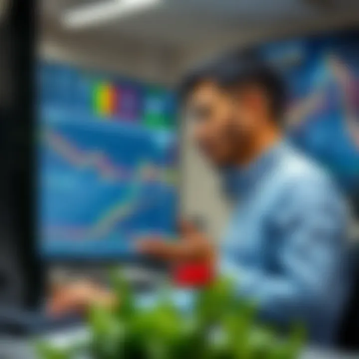 Illustration of a trader analyzing market data with charts and signals highlighting benefits and risks