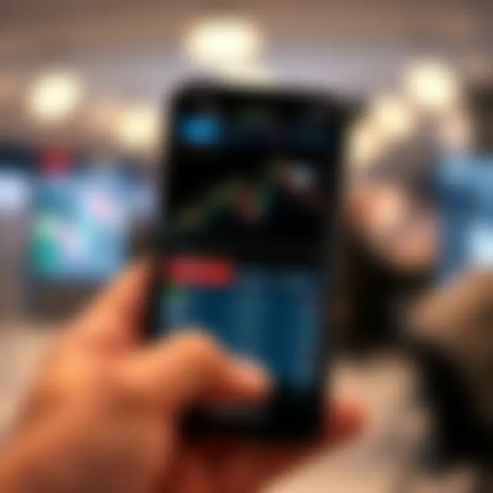 Smartphone displaying Exness mobile trading platform interface with currency charts and trading options