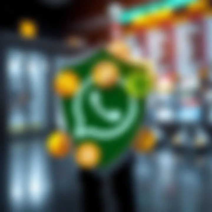 Visual representation of security shield overlaying cryptocurrency icons symbolizing safe participation in WhatsApp groups