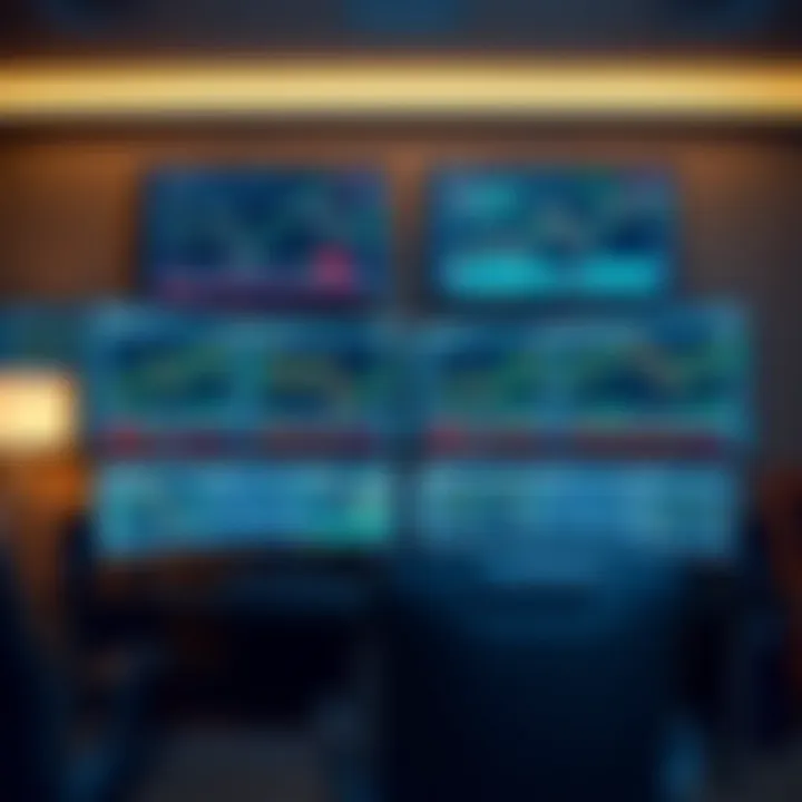 Four widescreen monitors arranged on a desk displaying diverse financial charts and market data for trading analysis