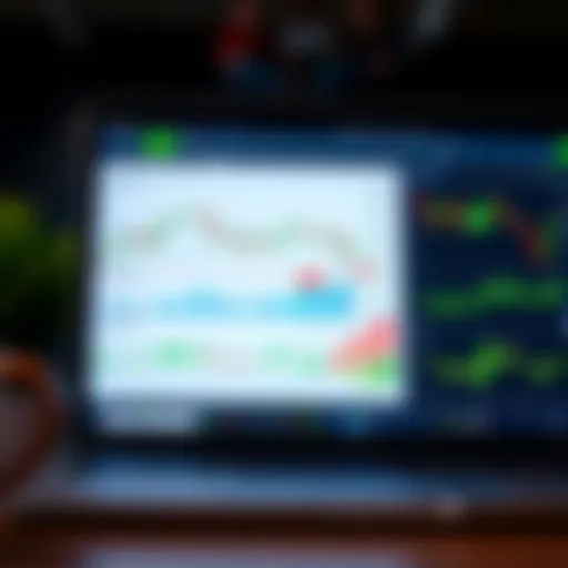 Interactive Trading Platform with Market Charts Digital dashboard displaying stock market charts and indicators on a laptop screen