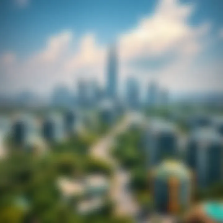 City skyline illustrating futuristic urban development with green spaces and advanced infrastructure