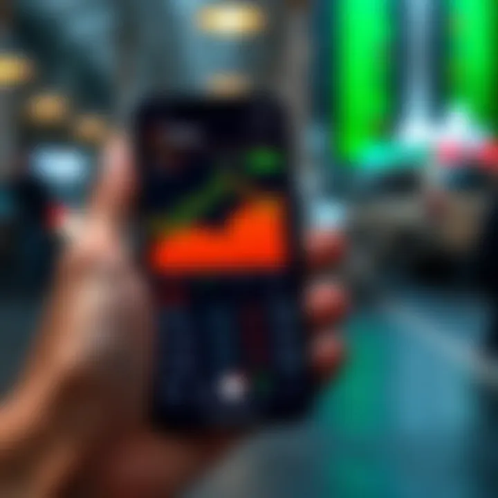 Smartphone displaying the IQ Option trading platform interface with vibrant charts and trading options