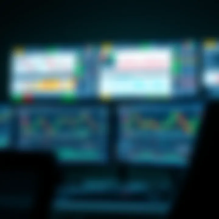 Trading workstation featuring a multi-monitor setup with software interfaces showing real-time market trends and trading tools