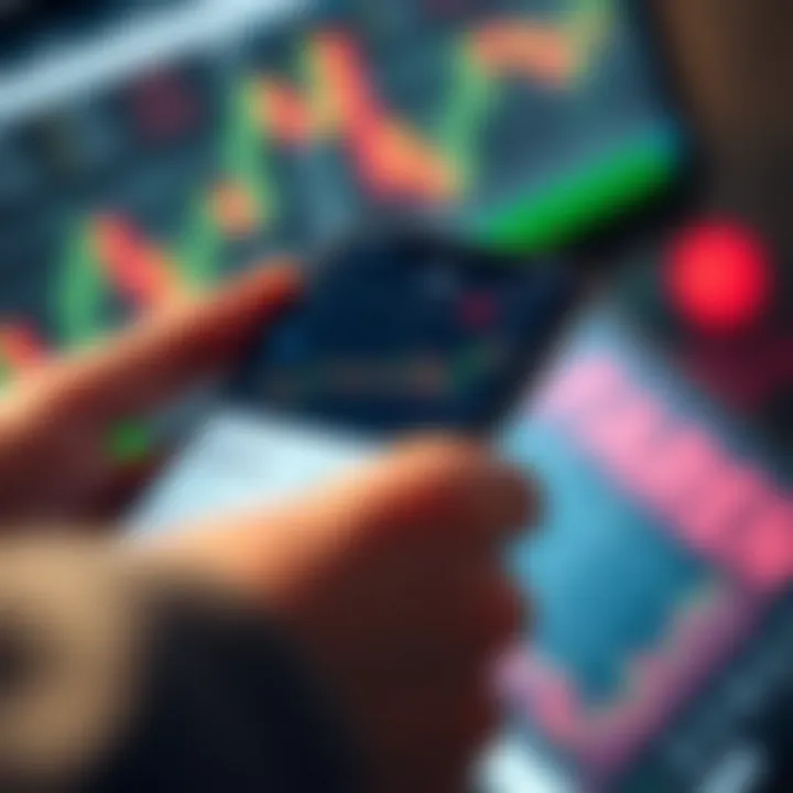 Smartphone screen showing a forex trading app interface with charts and currency pairs