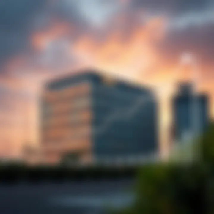 Graph showing growth trends in technology, retail, energy, and telecom sectors linked to a corporate building