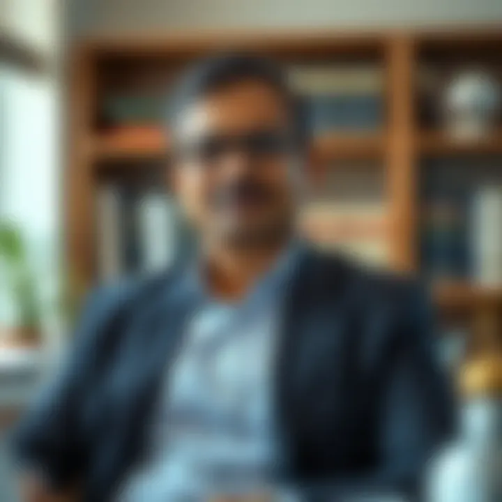 Professional portrait of Rakesh Bansal in an office setting with books and awards