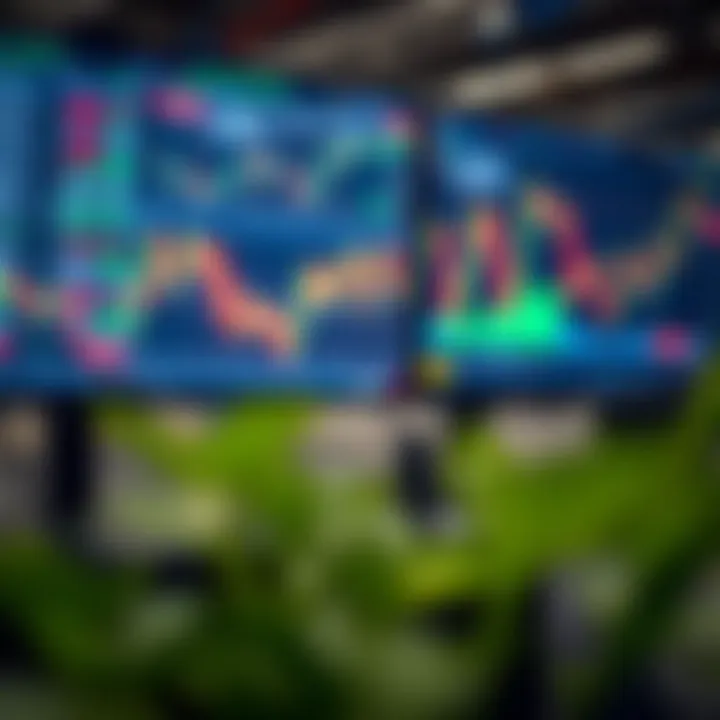 Conceptual illustration of trading strategies with charts and financial data on digital screens