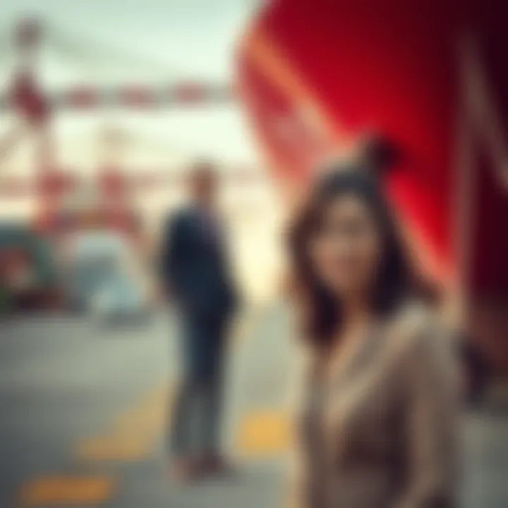 Rafaela Aponte-Diamant standing confidently in front of a large Mediterranean Shipping Company vessel at a busy port