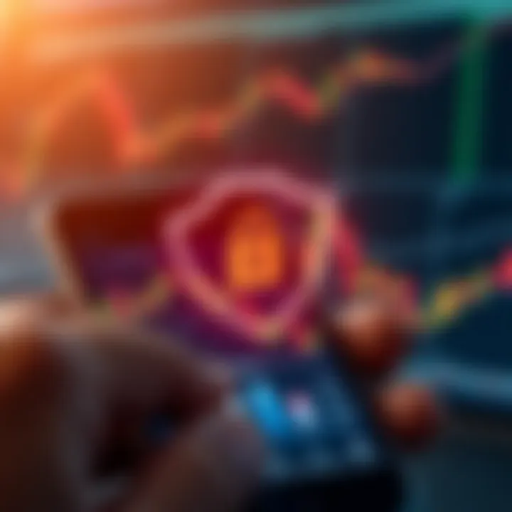 Illustration of a secure shield symbol overlaying a smartphone with trading graphs, representing app security features