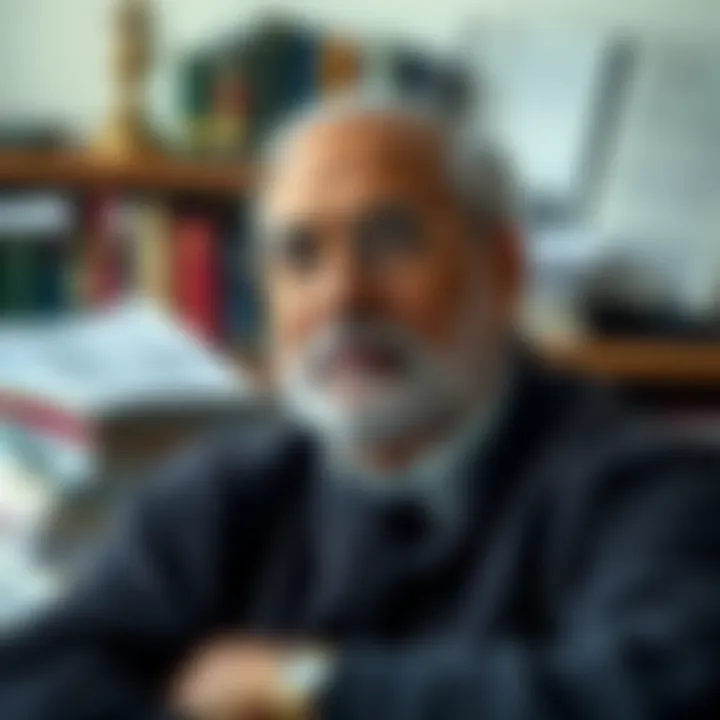 Portrait of AC Agarwal surrounded by books and academic papers symbolizing his contributions to education and literature