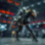 Futuristic robotic battle steed equipped with advanced AI systems in a digital combat arena