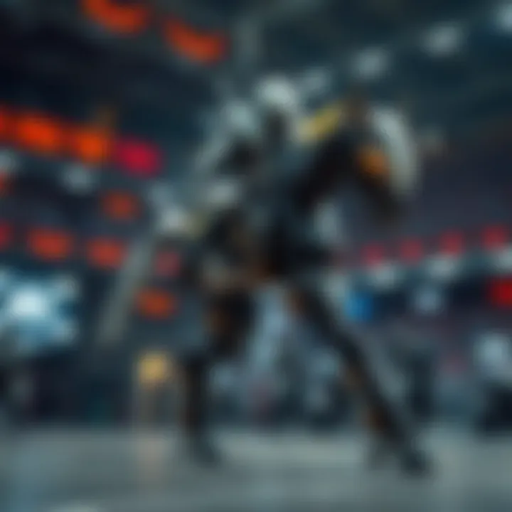 Futuristic robotic battle steed equipped with advanced AI systems in a digital combat arena