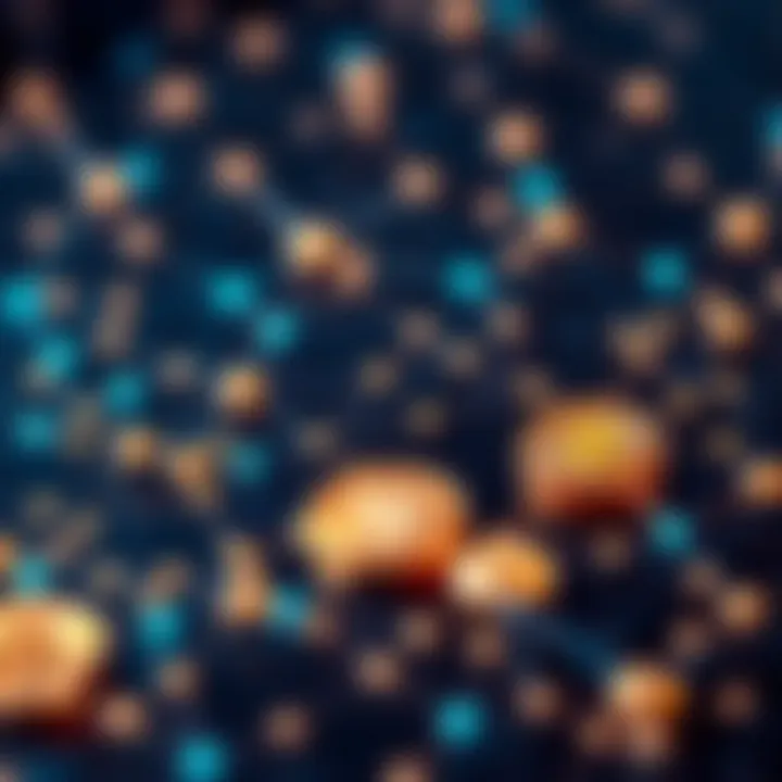 Digital representation of cryptocurrency coins and blockchain nodes interconnected