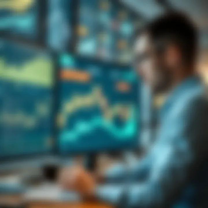 Conceptual illustration showing a trader analyzing financial charts on multiple screens with a digital capital growth graph in the background
