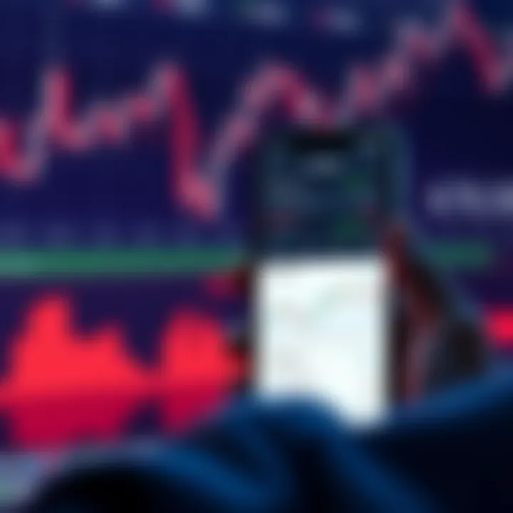 Mobile phone displaying a forex trading app interface with currency exchange rates and charts