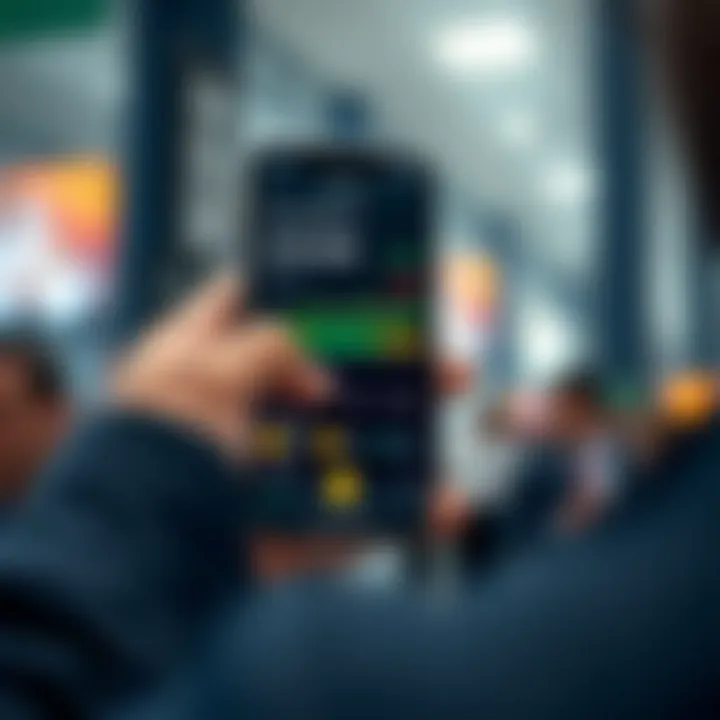 User interacting with a mobile forex trading app demo displaying account balance and trading tools