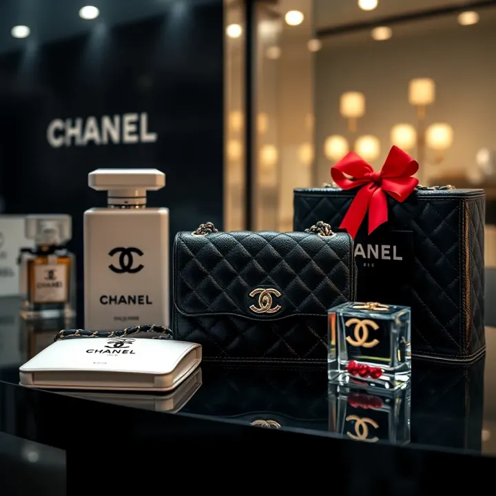 Iconic Chanel products displayed elegantly representing the brand's luxury heritage