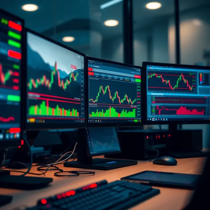 Close-up of a high-performance desktop computer setup with multiple monitors displaying stock charts and trading software