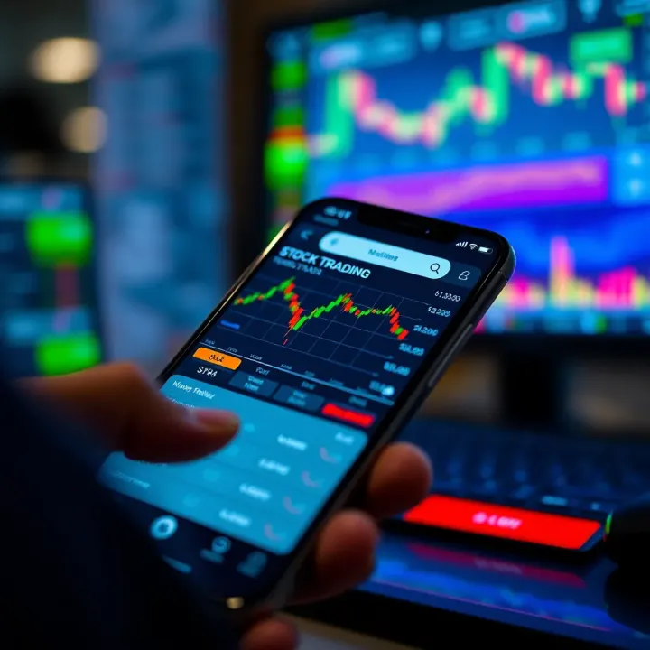 Close-up view of a sleek smartphone displaying a stock trading app with charts and market data