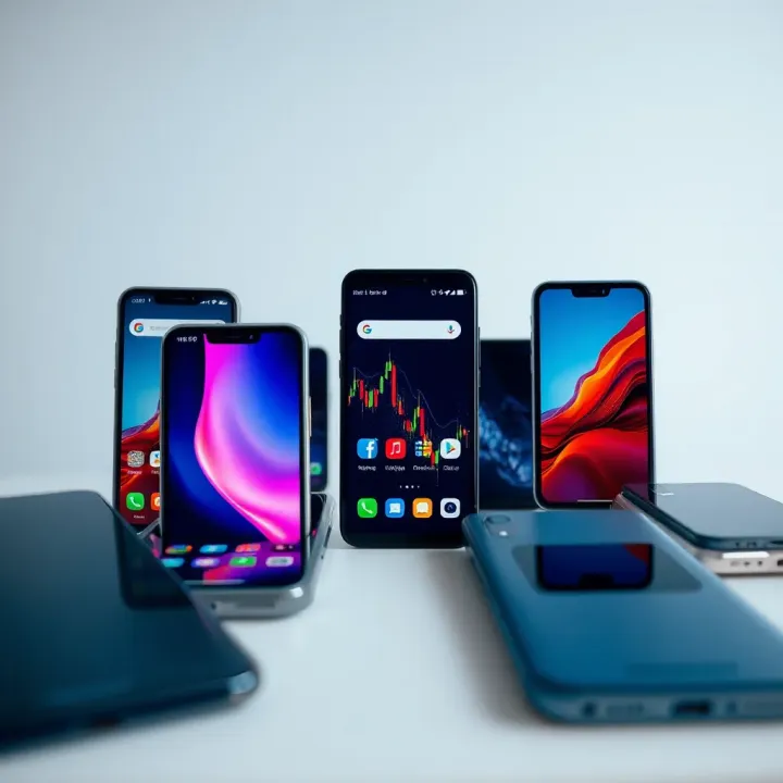 Collection of popular smartphone models suitable for mobile trading on a plain background